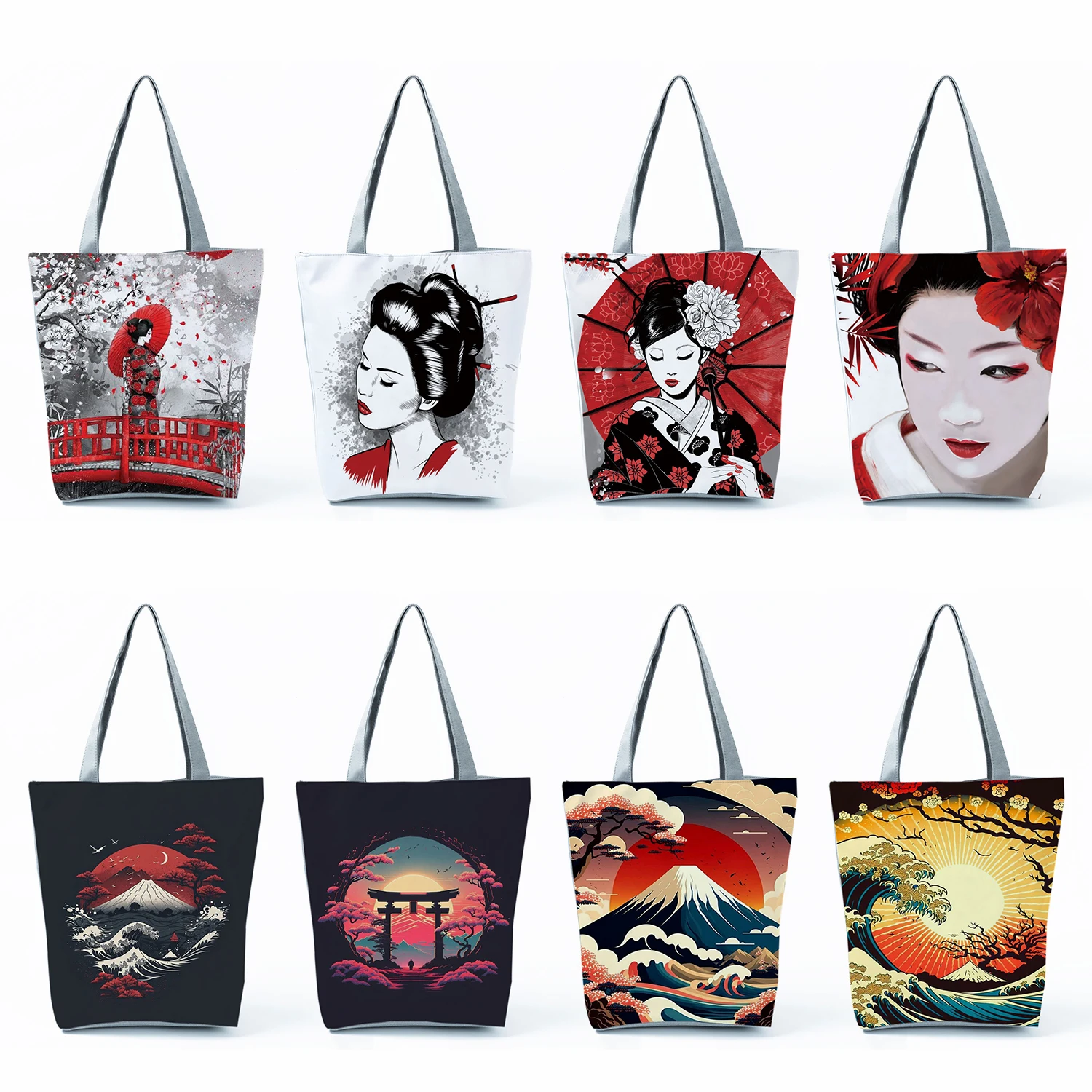 Ukiyo-e Design Print Women\'s Handbags Japanese Style Casual Shoulder Bag High Capacity Travel Beach Tote Reusable Shopping Bags