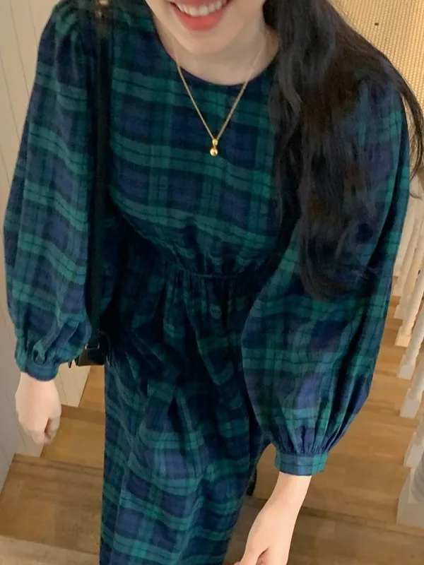 Início do outono xadrez longo sve feminino dr camada base coreano sle aosphere sensação faion ci commute dr