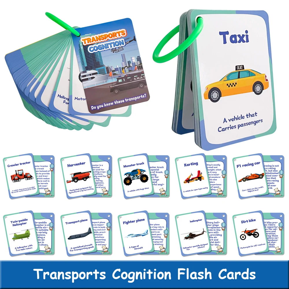 50Pcs Transports Cognition Learning Card for Kids Preschool Kindergarten Vehicle Vocabulary Educational Flashcards Teaching Aids