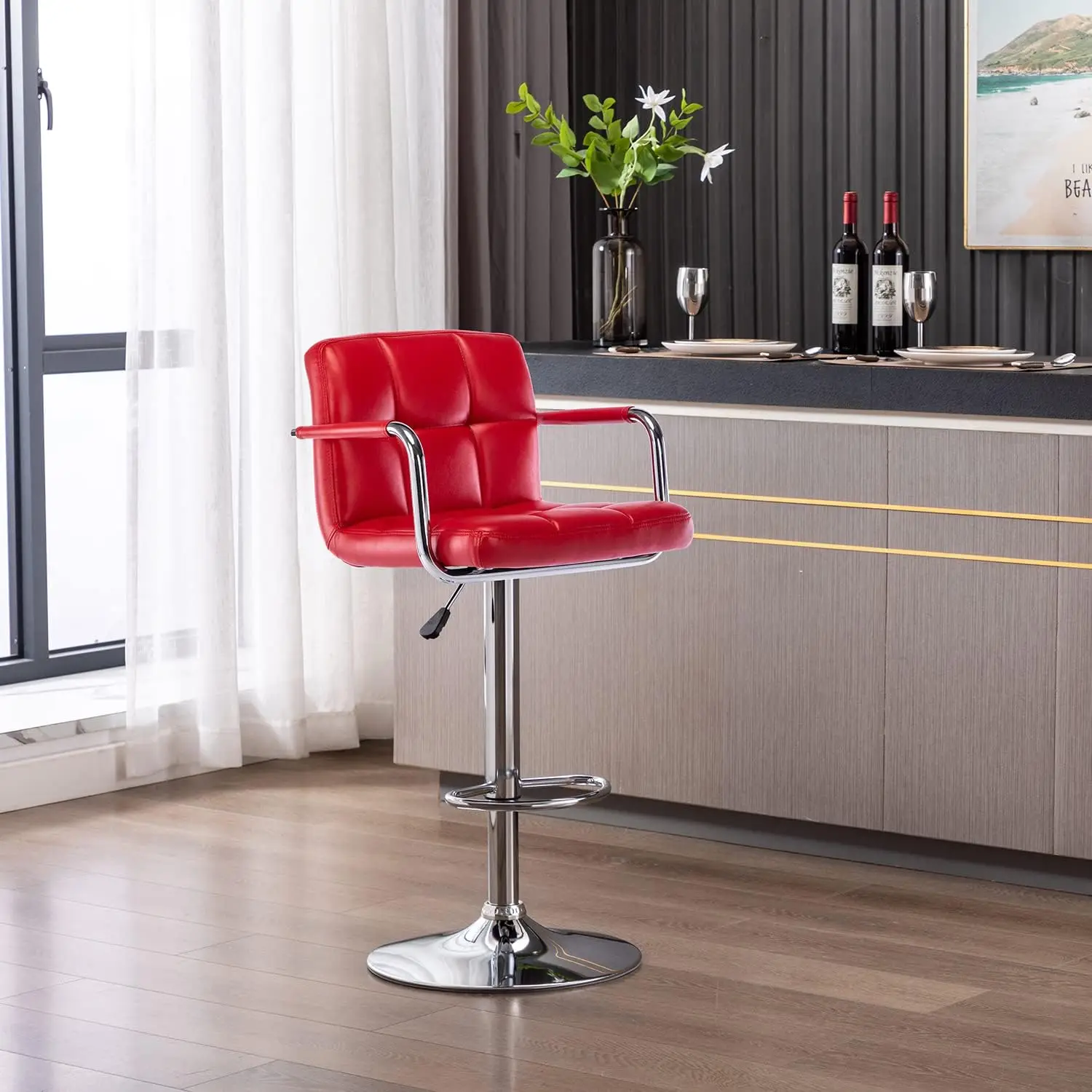 Modern PU Leather Square Bar Stool, Adjustable Swivel Barstool with Back and Arms, Airlift Counter Height