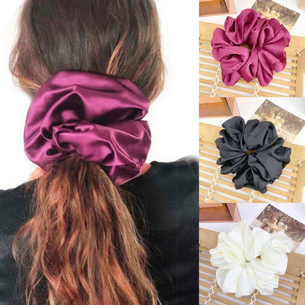 Fashion Oversize Silk Satin Scrunchies Elastic Hair Ties Women Girls Solid Big Ponytail Holder Hair Bands Rope Hair Accessories