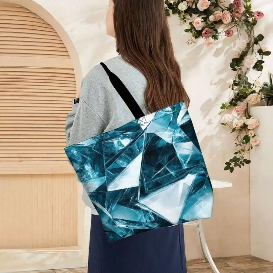 

Aqua Shattered Glass Print Casual Tote Bag For Women Abstract Crystal Design Shoulder Bag