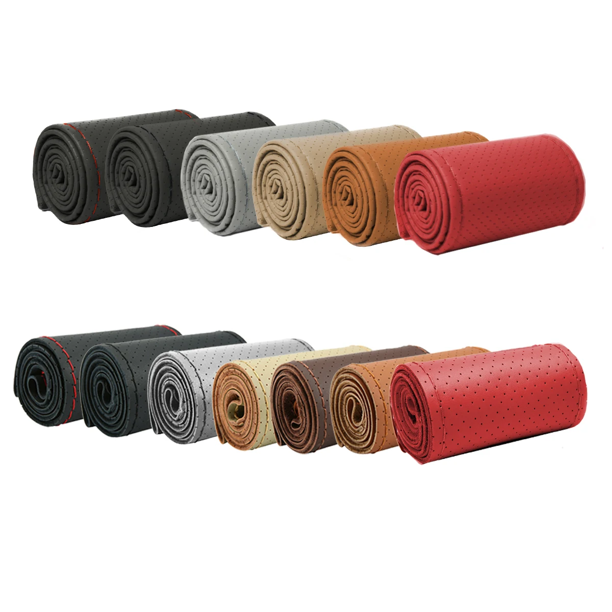 Universeller Leder-Auto-Lenkrad-Stich-On-Wrap-Cover, passend für 38 cm 14 Zoll DIY Nähen, atmungsaktiv und rutschfest, Schwarz, Grau, Beige – Detail 15