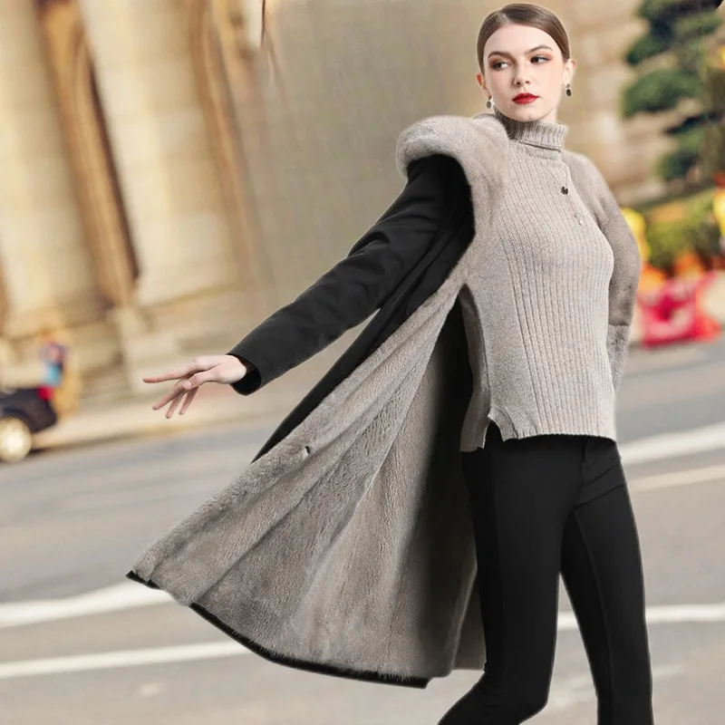 Europa Ameryka Damska Imitacja Futra Norki Podszewka Średniej Długości Płaszcz Imitacja Norki Za Kolano Nowe Ubrania Bawełniane Kurtka Aksamitna