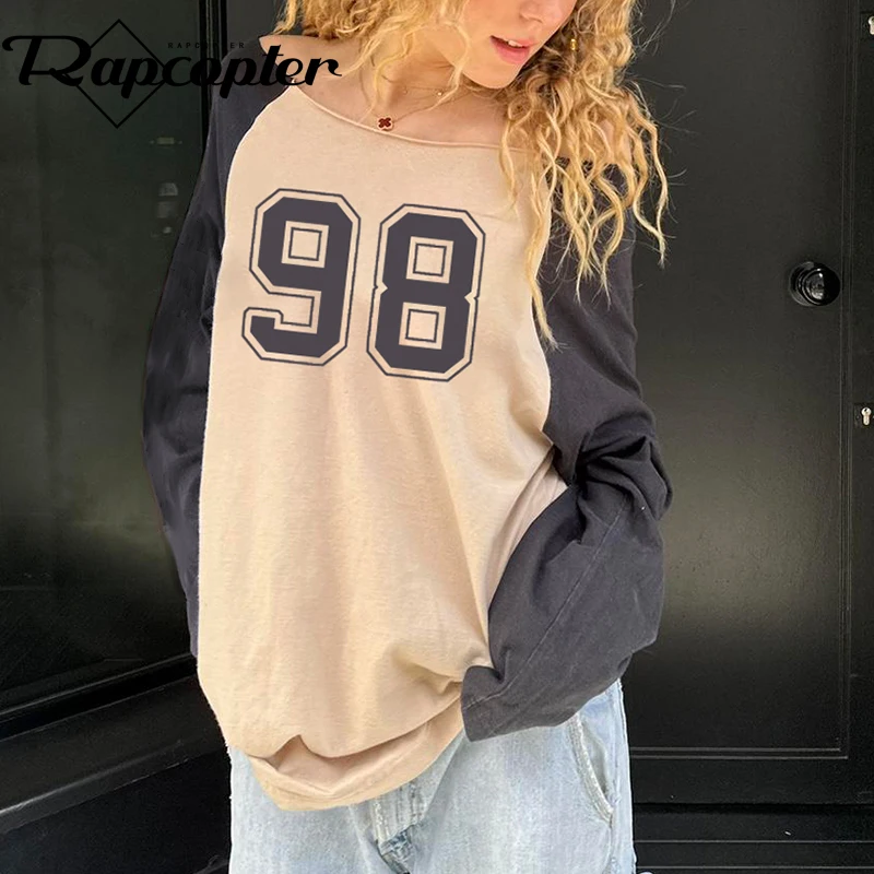 Rapcopter y2k figura maglietta allentata O collo pullover a maniche lunghe donna Vintage Casual autunno inverno Tee Streetwear Prepply top