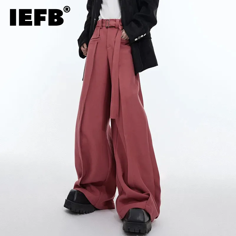 IEFB Men Wide Leg Pants Three-dimensional Line Casual Belt Design High Street Men's Wear Straight Trousers Spring New 9C4728