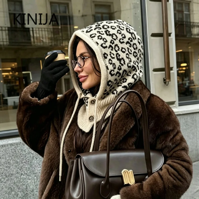 New Leopard Print Balaclava Hat Women Thickened Warm Ear Protection Hat Neck Collar Beanie Winter Cap Streetwear Pullover Hat