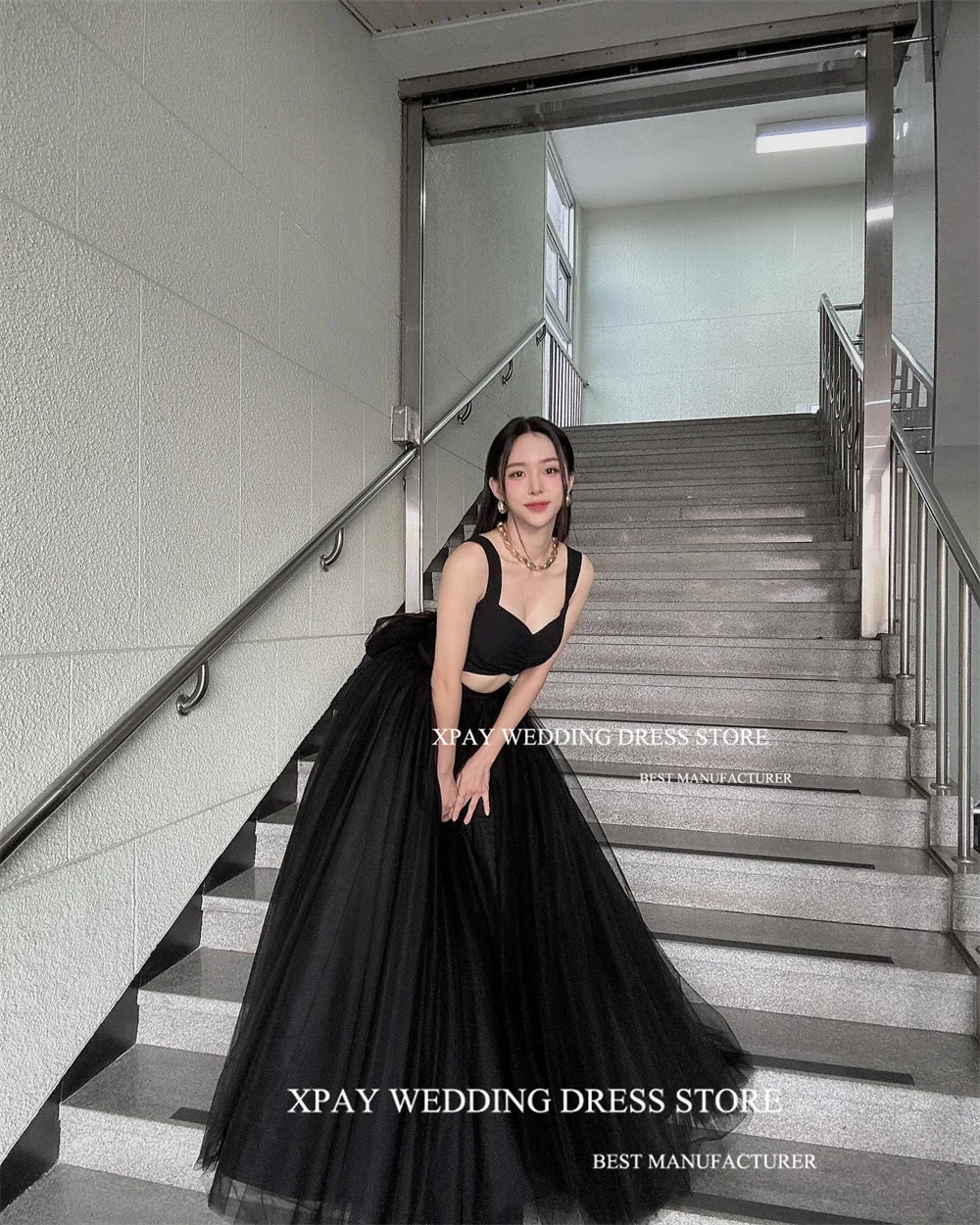 XPAY Sweetheart Black Korea Evening Dresses Cut Out Pleats Tulle Wedding Photo shoot Gowns Elegant Sparkly Formal Party Dress