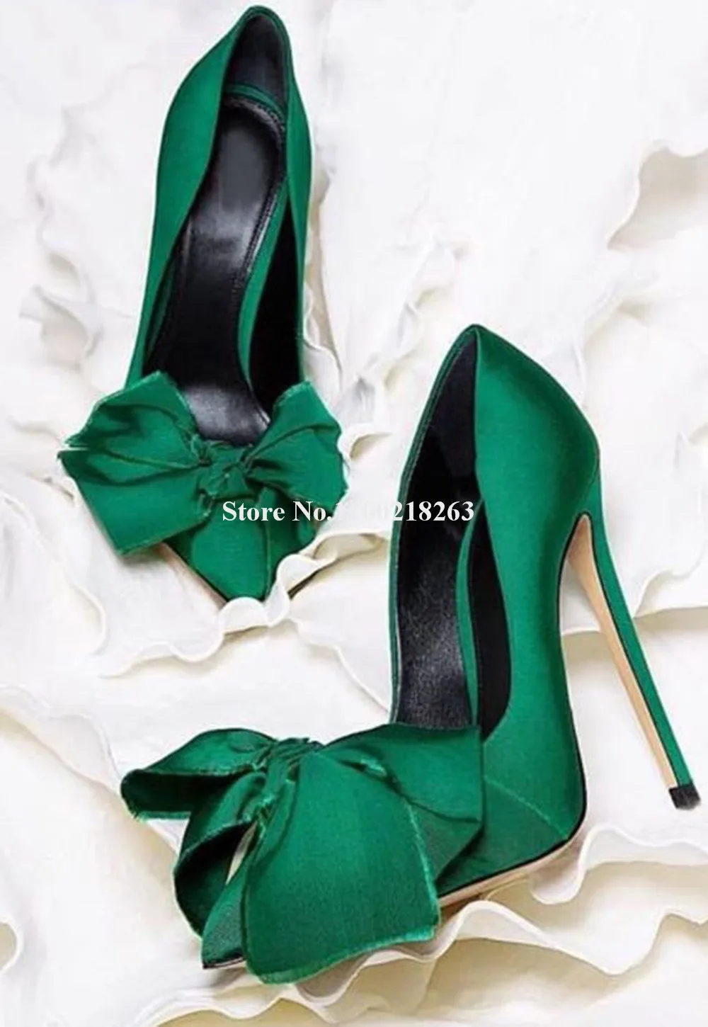 

Newest Spring Green Satin Thin Heel Bowtie Pumps Women Pointed Toe Butterfly Decorated Stiletto Heel Slip-on High Heels Big Size