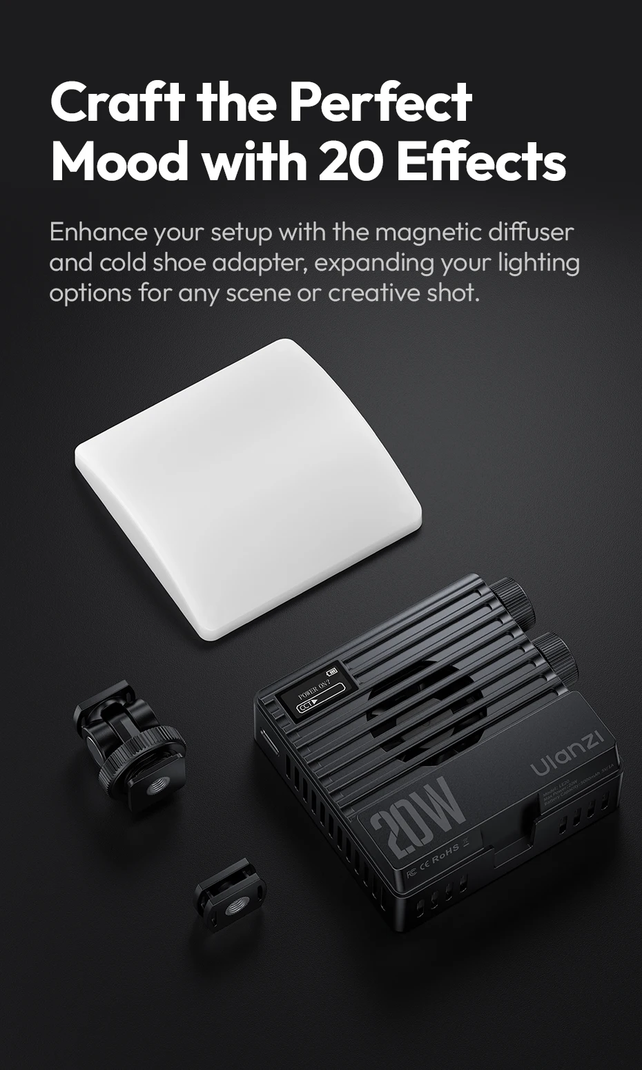 LE20 20W RGB Pocket Light CRI 95+ 2500K-9000K Dimmable Camera Video Light for DS