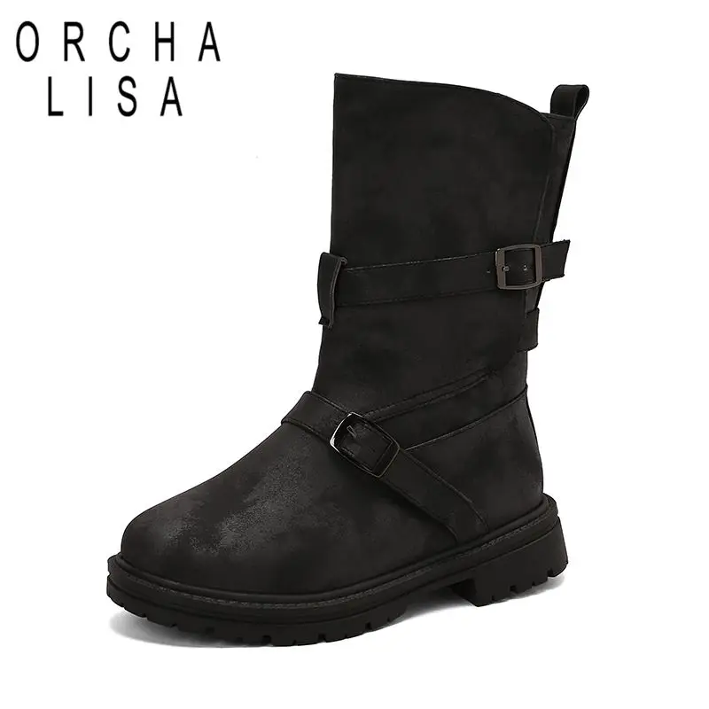 

ORCHALISA Vintage Female Ankle Boots Round Toe 4cm Thick Heels Slip On Belt Buckle Plus Size 46 47 48 Casual Daily Women Booties