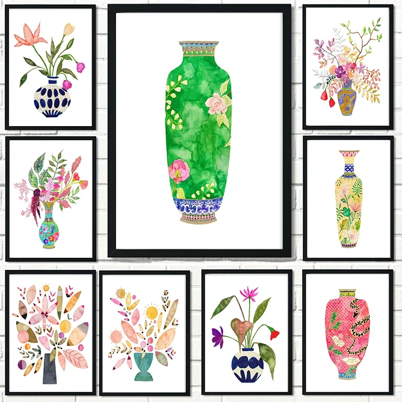 1pc frameless Canvas Painting Watercolor Flower Vase Floral Plant Wall Art Canvas Painting Nordic Posters and Prints Wall Art Pi
