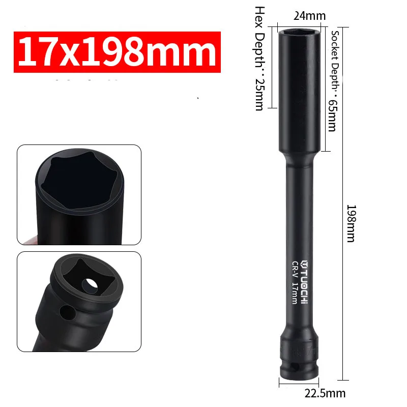 198mm Impact Hex Sockets Deep Shallow Extra Long Socket 1/2 Inch Drive Hex Socket Head 8mm 10mm 12mm 13mm 14mm 17mm 19mm