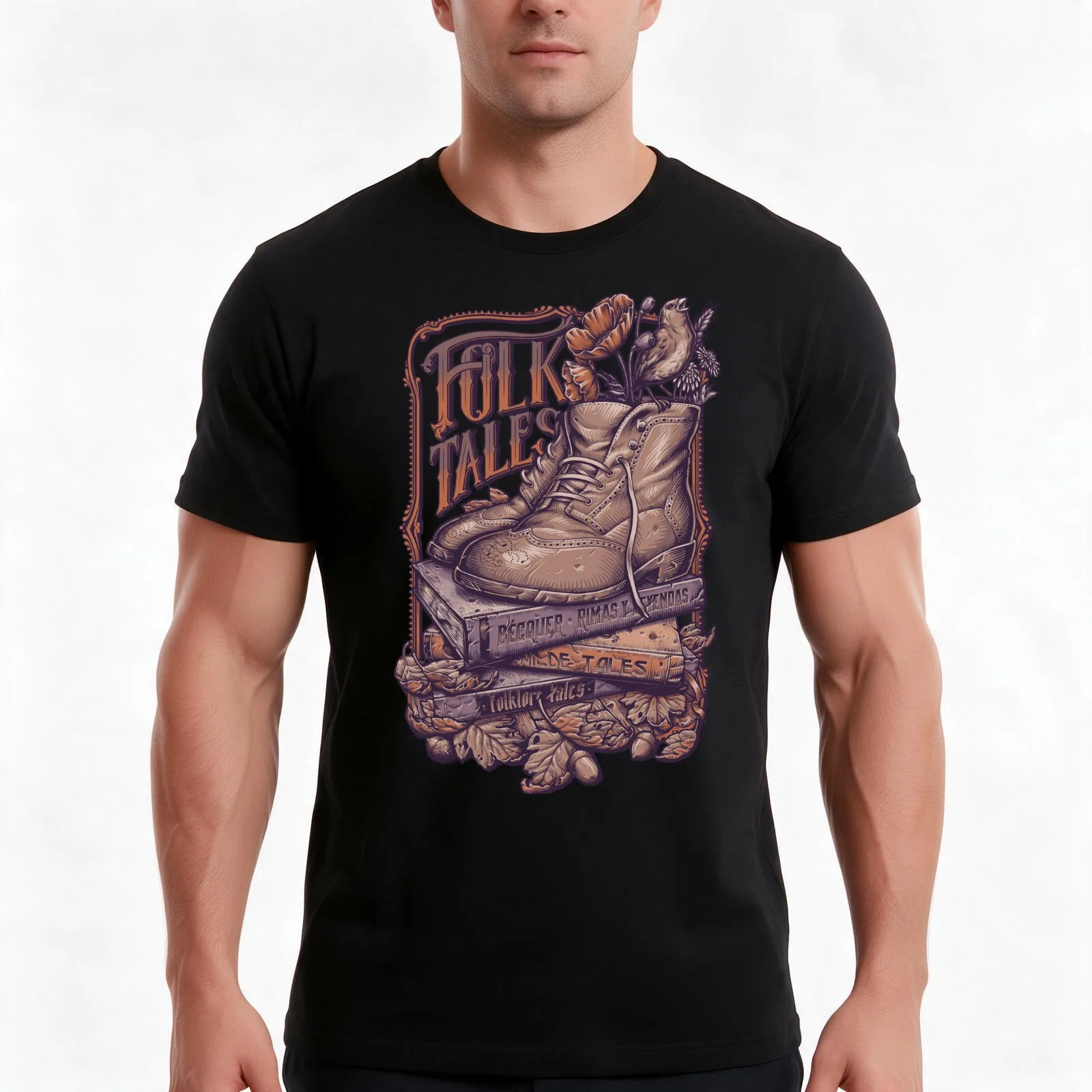 FOLK TALES - Purple and orange T-Shirt, Summer Casual Cotton Tee, Oversized Streetwear Tops, Vintage Graphic Print, 100% Cotton