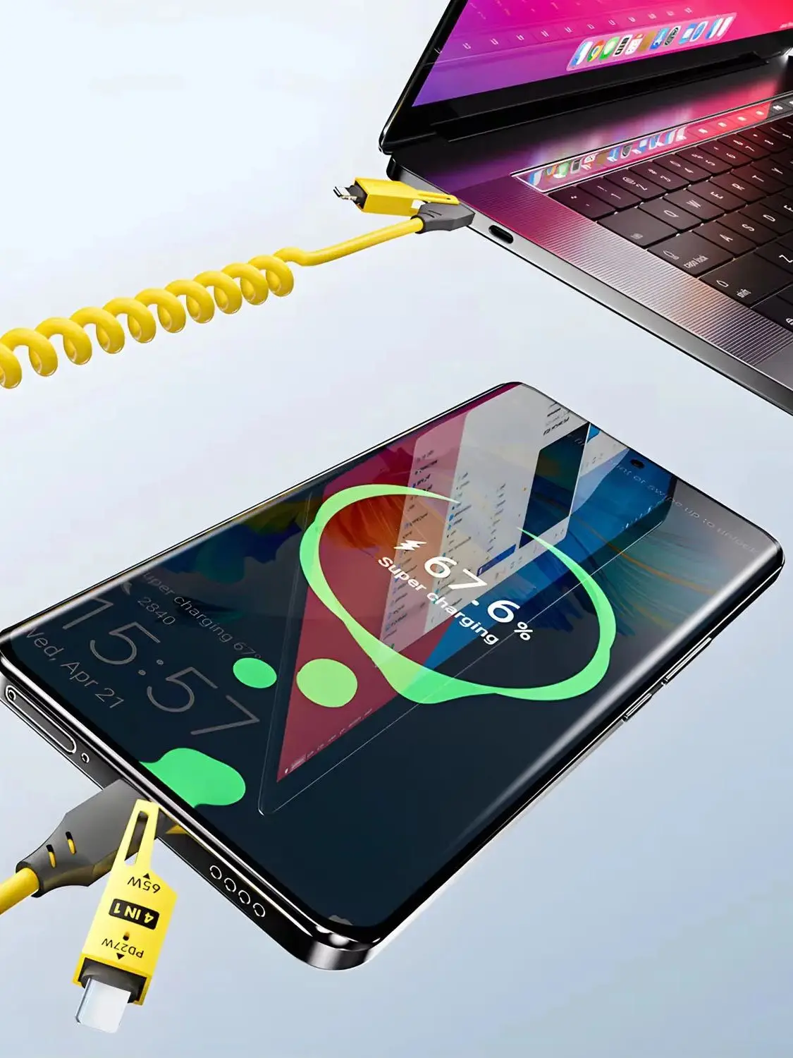 65w 4 em 1 mola cabo de dados curto 6a usb tipo c mola telescópica carregador rápido fio mola cabo usb para iphone ipad macbook