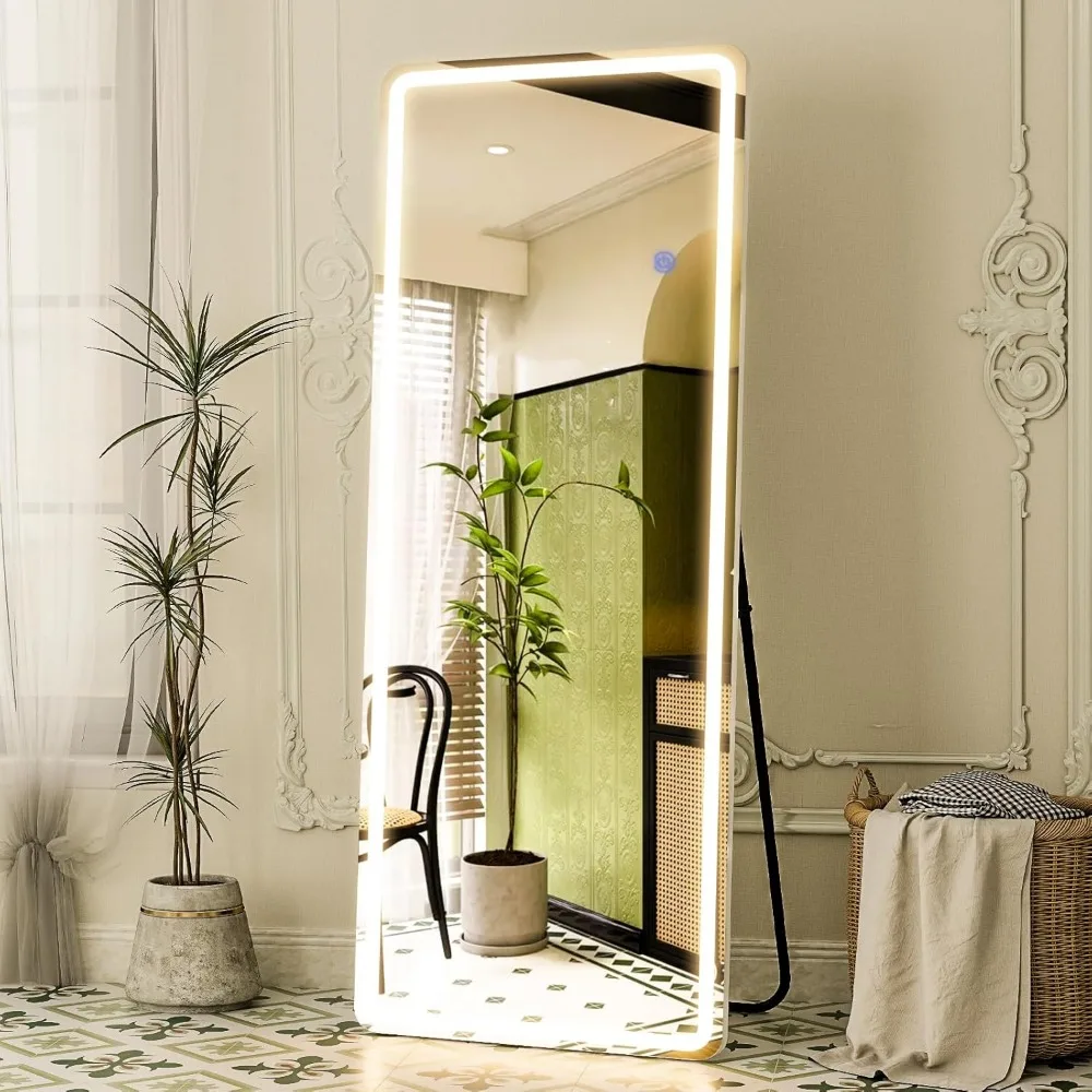 Miroir pleine longueur LED 64" x 21" avec lumières, mural ou sur pied pour chambre à coucher, salon, salle de bain