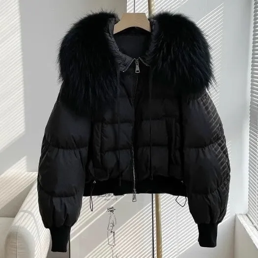 

2025 Winter Fashion Women's Down Jacket Commuting Warm Raccoon Hair Big Hair Collar Jacket