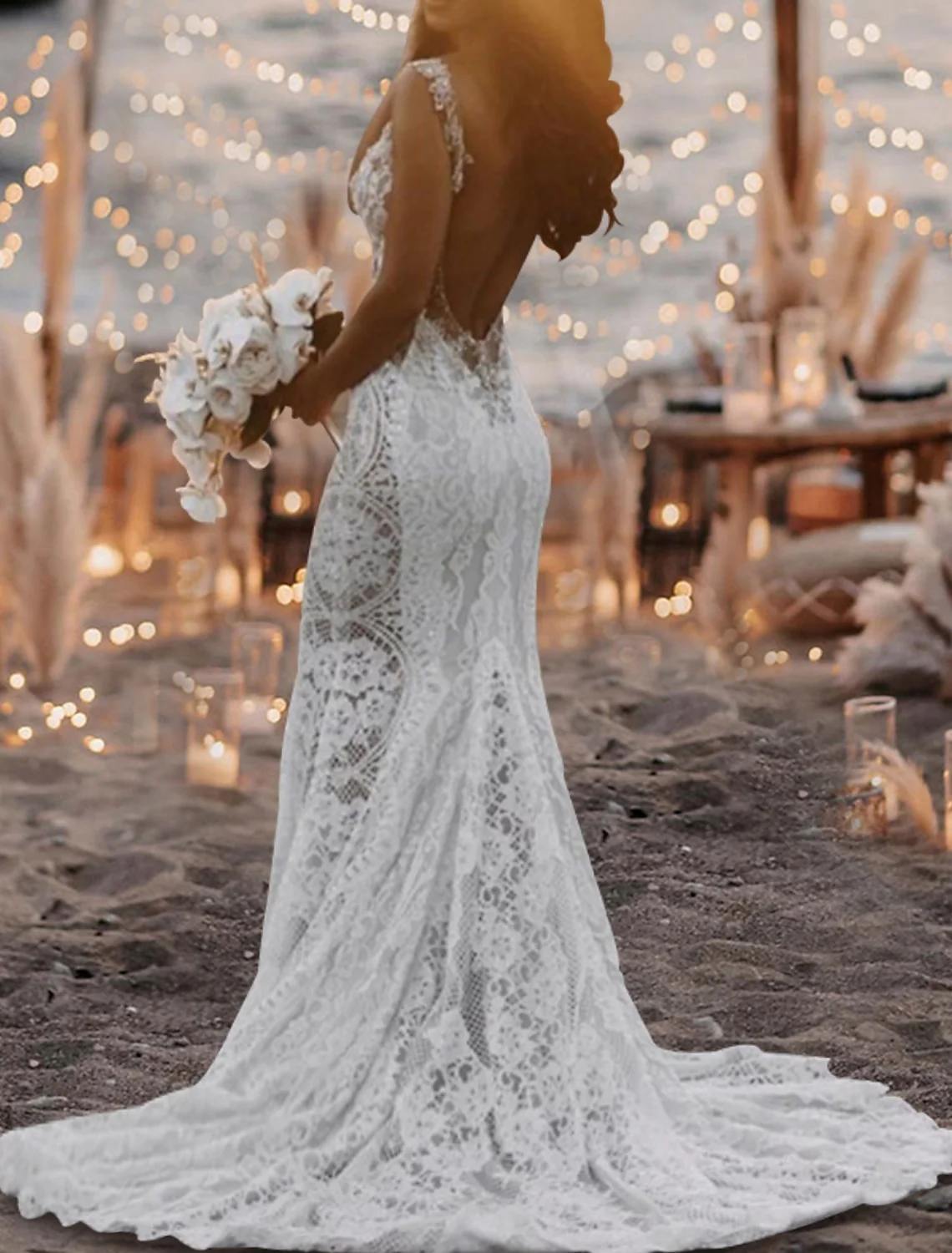 

Sexy Fashion Mermaid Engagement Wedding Dress V Neck Lace Appliques Sleeveless Court Train Boho Bridal Gown 2025 Free Customized
