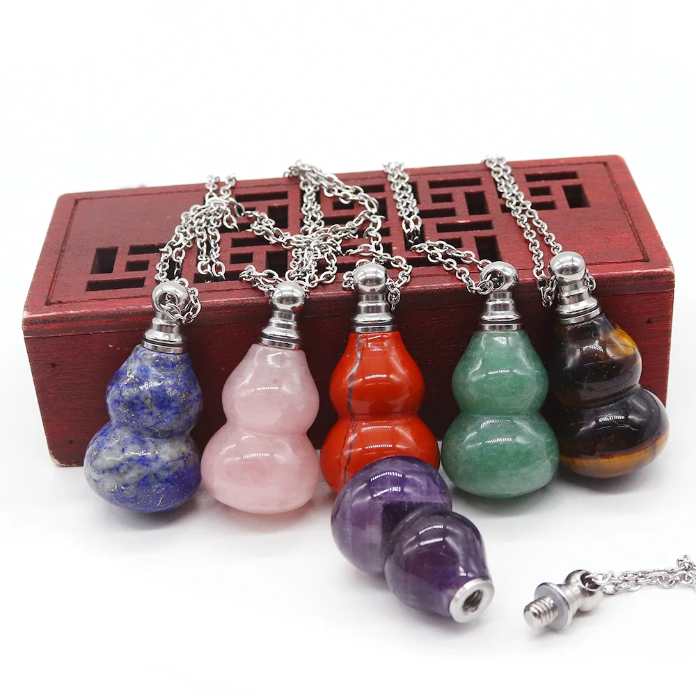 1pc Natural Stone Perfume Bottle Necklace Gourd Shape Quartz Crystal Healing Essential Oil Diffuser Fashion Jewelry Necklace