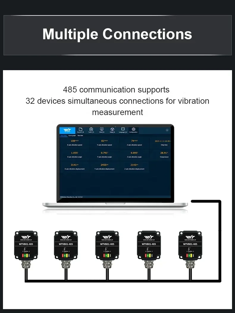 WitMotion WTVB01-485 IPX8 Waterproof Vibration Sensor Transducer, Modbus RTU 3-axis (XYZ) Vibration Displacement+Speed+Amplitude