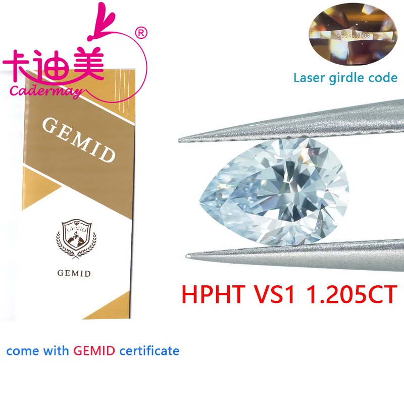 

CADERMAY Pear Cut Fancy Light Blue Color VVS1 Clarity HPHT Lab Grown Diamond 1.205 CT Loose Stone Gemstone For Jewelry Making