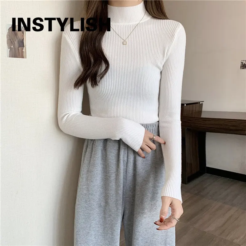 Women Autumn Winter Turtleneck Sweater Vintage Solid Basic Knitted Tops Casual Slim Pullover Korean Fashion Simple Chic Jumpers