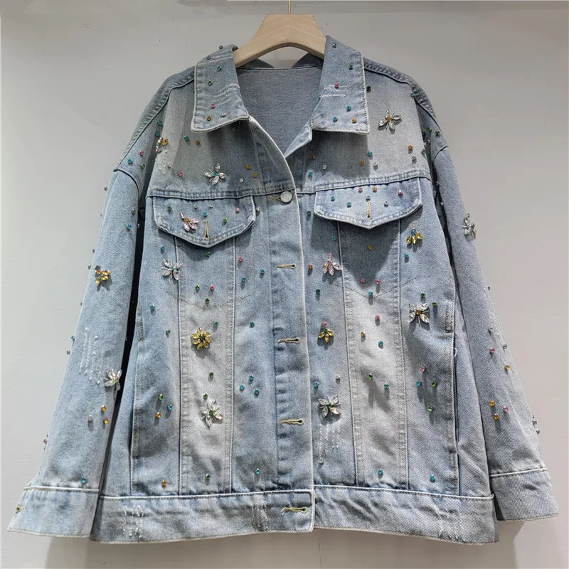 Women's Oversized Rhinestone Floral Denim Jackets 2026 Studded Jean Coat for Streetwear Fashion Personalized Long Sleeve Tops