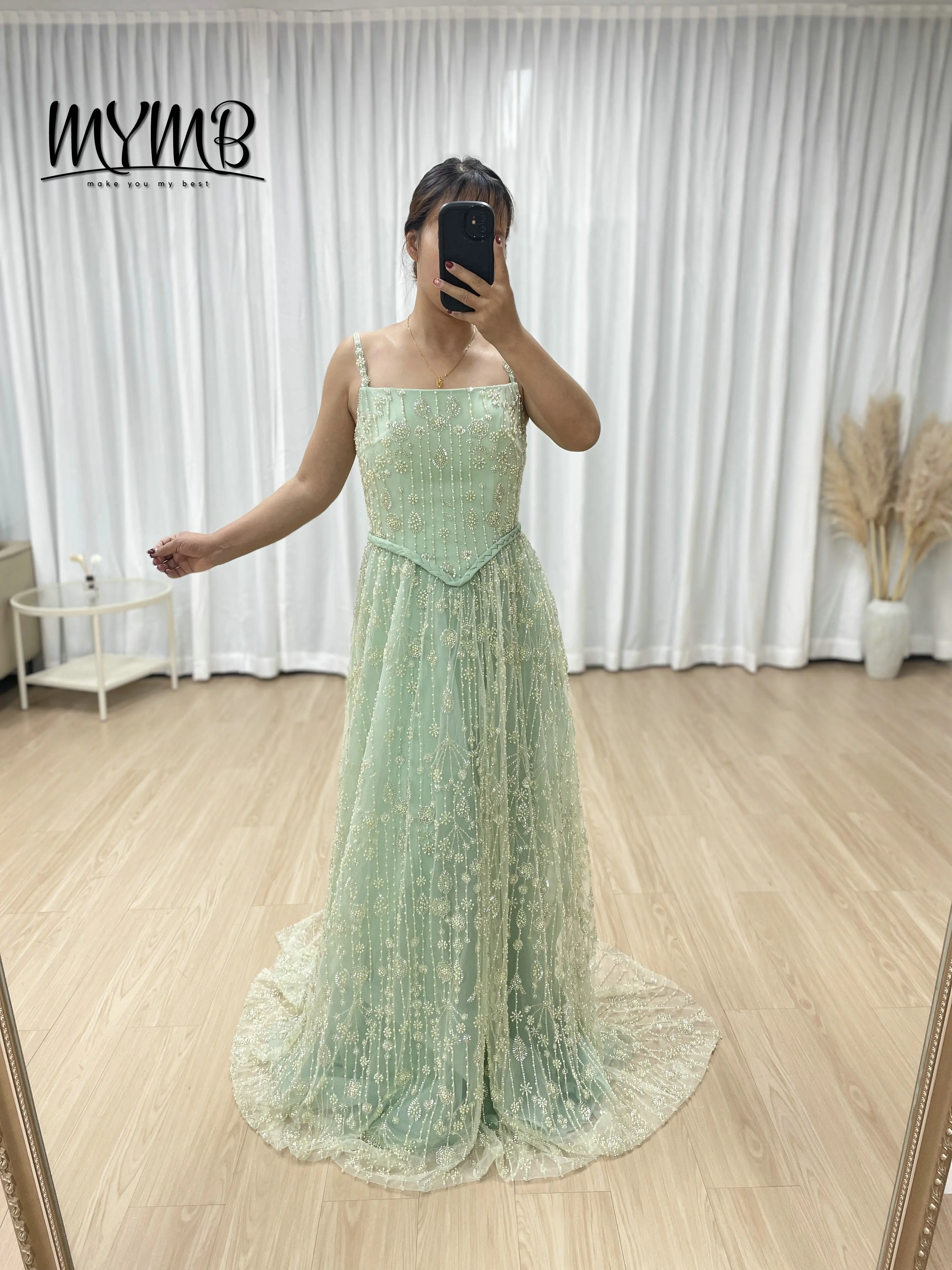 MYMB vin vert clair une ligne élégante robe de soirée de luxe à bretelles Spaghetti avec belle perle exquise adaptée au bal MB40345