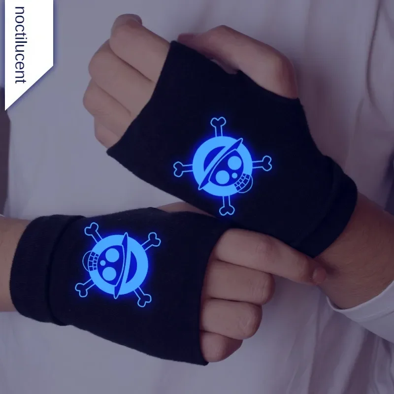 One Piece Pirate Skull Logo Cotton Noctilucent Gloves Edward Newgate Anime Mittens Knitted Fingerless Glove Winter Warm Kid Gift