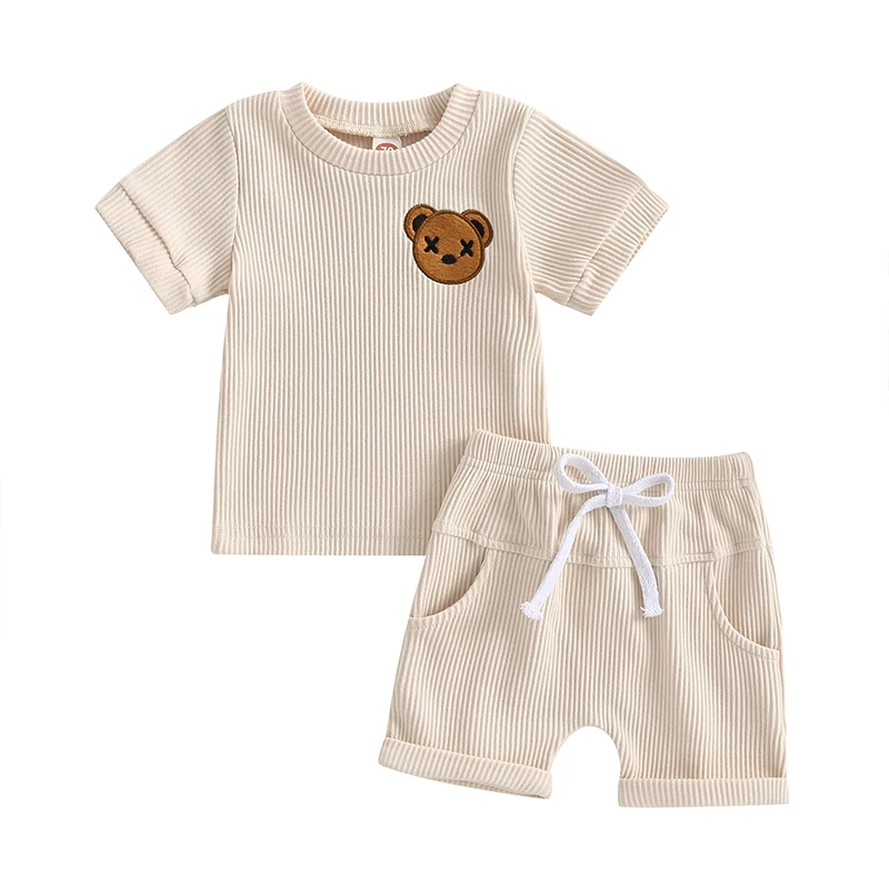 

Toddler Baby Boy Girl Summer Outfits Teddy Bear Print Short Sleeve T-Shirt Tops and Shorts 2Pcs Casual Clothes Set