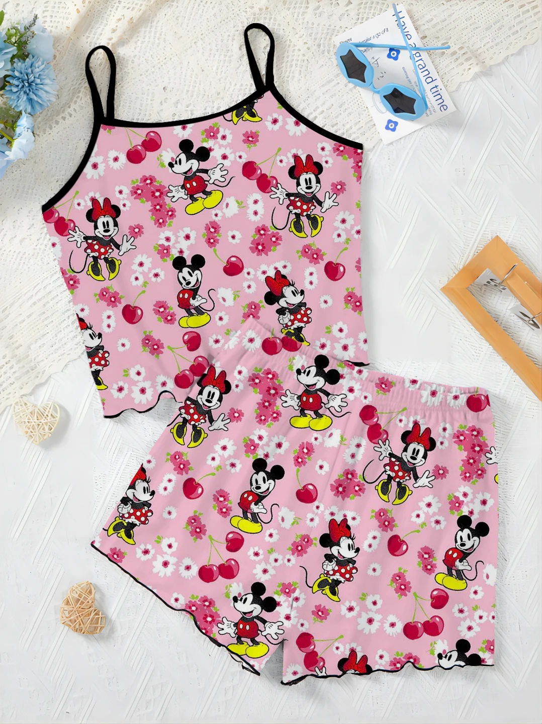 T-shirt Home Dress Minnie Mouse Disney Lettuce Trim Short Sets for Women 2 Pieces Pajama Skirt Women's Suit Mickey Elegant Top