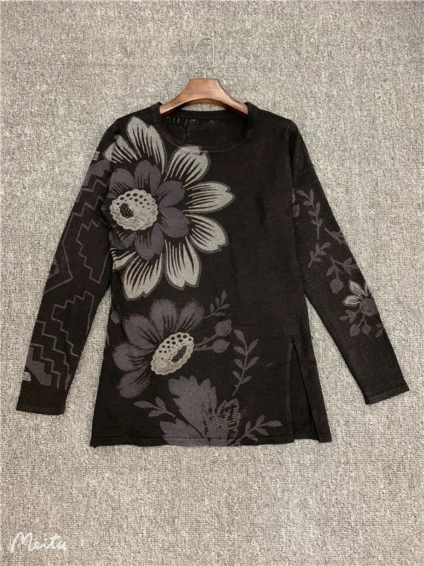 Spanish spring and autumn positioning printed round neck and silver thread fabric soft ladies knit