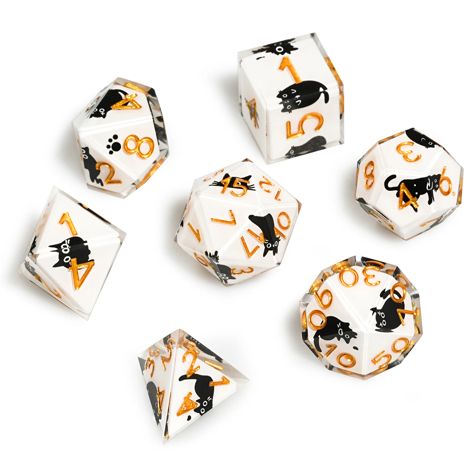 1-7pcs DND Milk Cat White Solid Resin Black Kitten Dice Set Multi-sided Polyhedral Dice for D&D Game COC Role Playing RPG Table