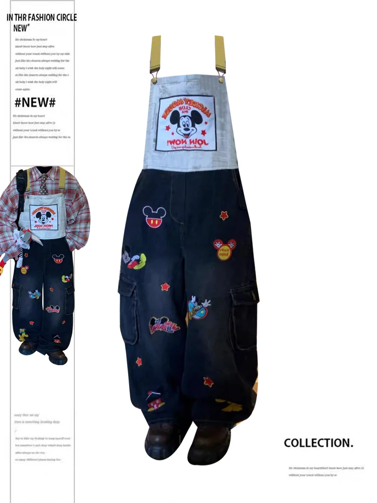 

Retro American Cartoon Embroidery Denim Overalls Women's Loose Wide Leg Jumpsuit Casual High Waist Long Pants Spring New Design