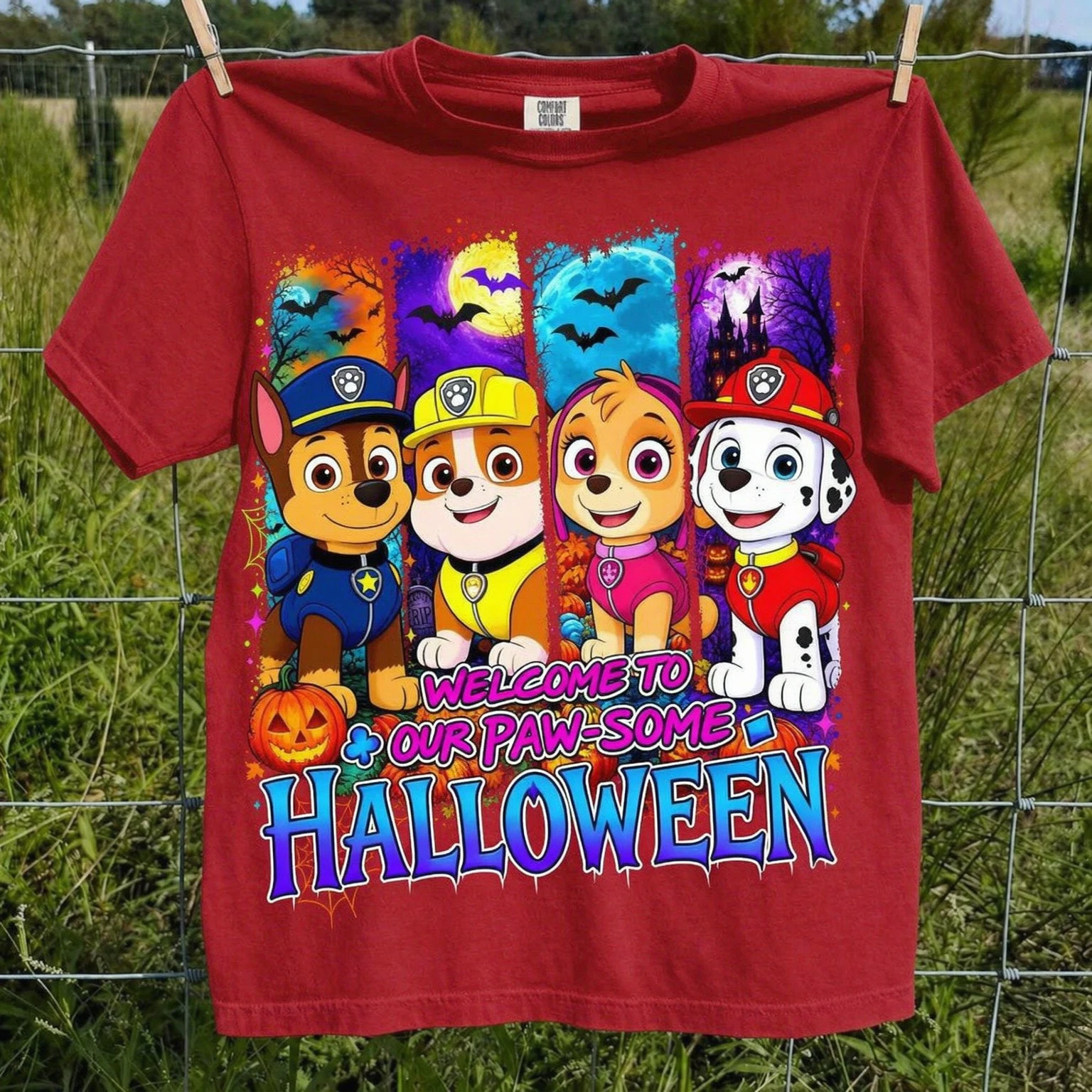 Paw Patrol Halloween T‑Shirt Cartoon Puppy Pumpkin Bat Castle Print Short Sleeve Casual Cotton Tops for Boys Girls