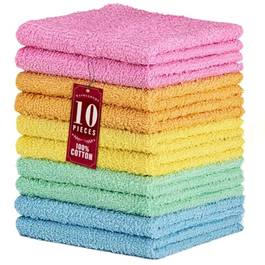 

10 Pack 100 Cotton Wash Cloth Luxurious Soft 12 x 12 inch Ultra Absorbent Machine Washable Washcloths Assorted Colors 10 Pack