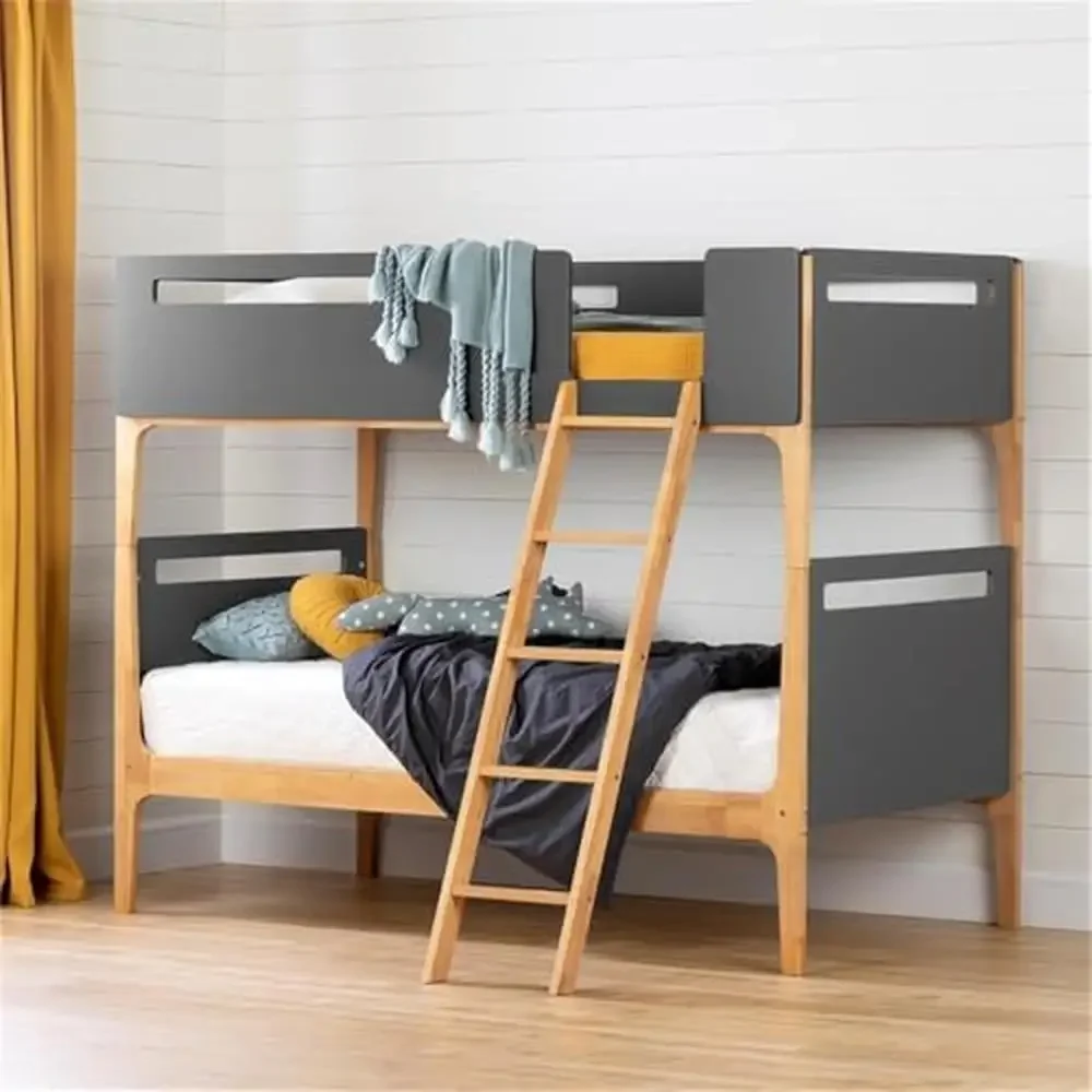 Modern Twin Bunk Bed with Angled Ladder ASTM Certified Scandinavian Design Easy Assembly 1-Year Guarantee Natural & Gray Wood