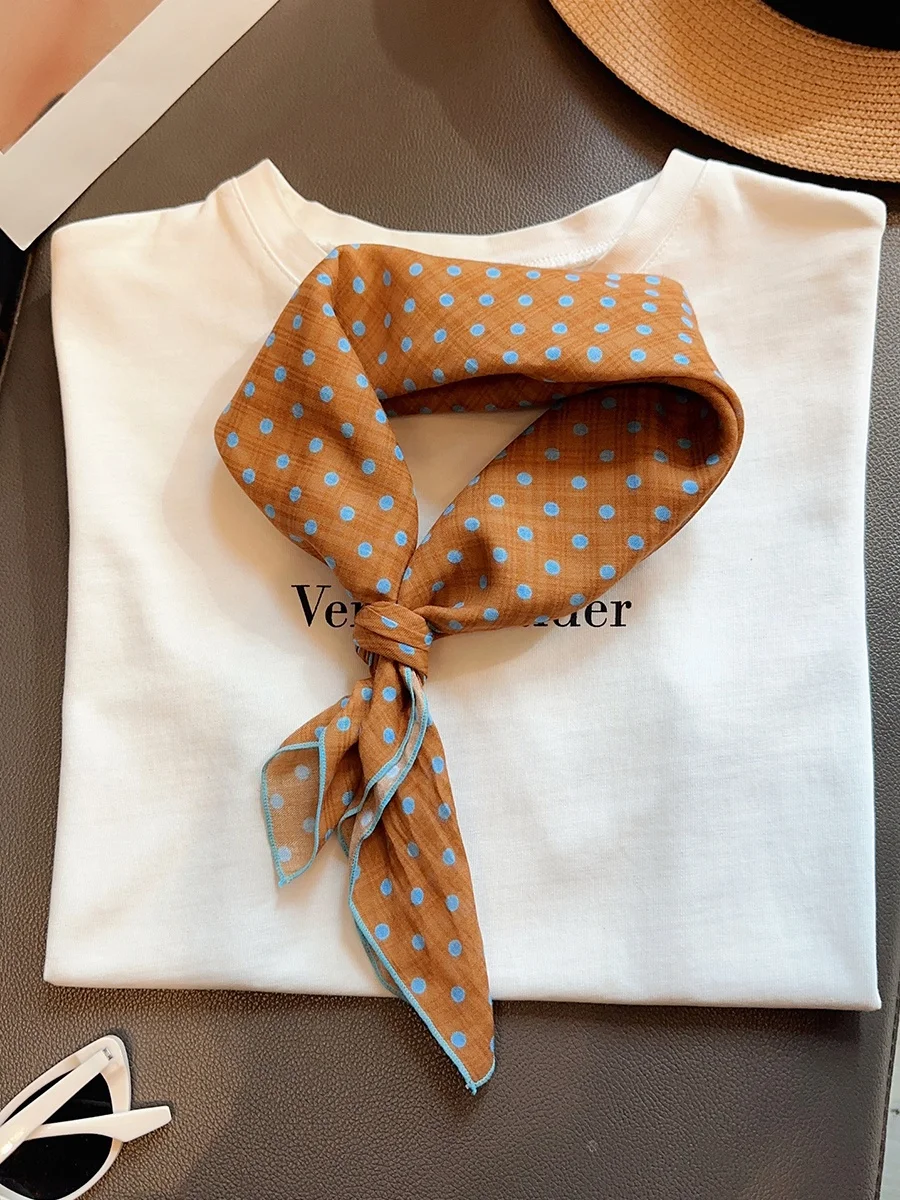 Blue Lattice Artistic Retro Polka Dot Cotton Scarf Women's Spring Summer Thin Ne Scarf Headband Hair Tie Small Square Scarf