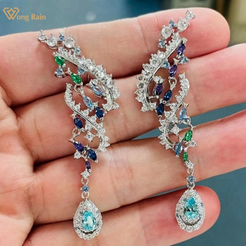 Wong Rain 925 Sterling Silver Pear Cut 4*6 MM Paraiba Tourmaline High Carbon Diamond Gems Colorful Drop Earrings Fine Jewelry