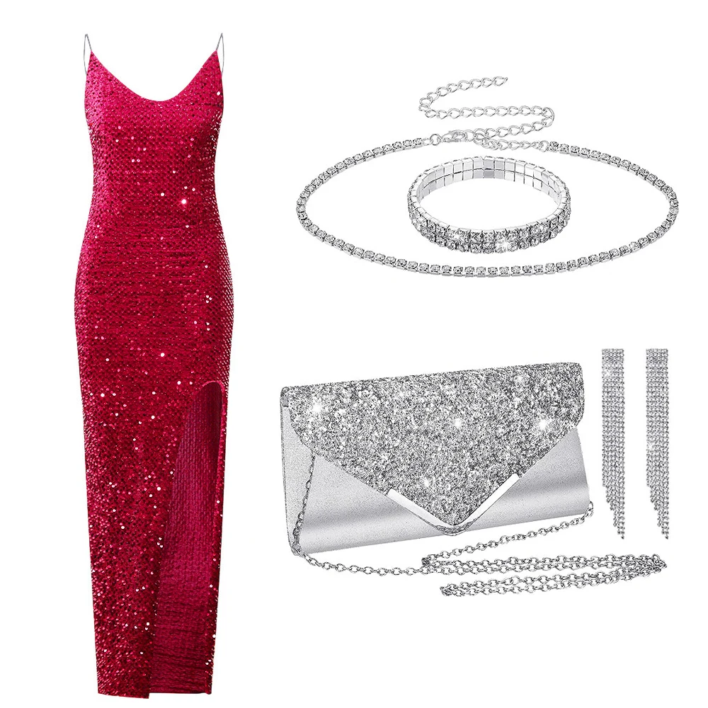 Women Sequin Dress Clutch Purse Jewelry Set Necklace And Earring Sets Bracelet Ring Clutch Bag for Evening Wedding Party