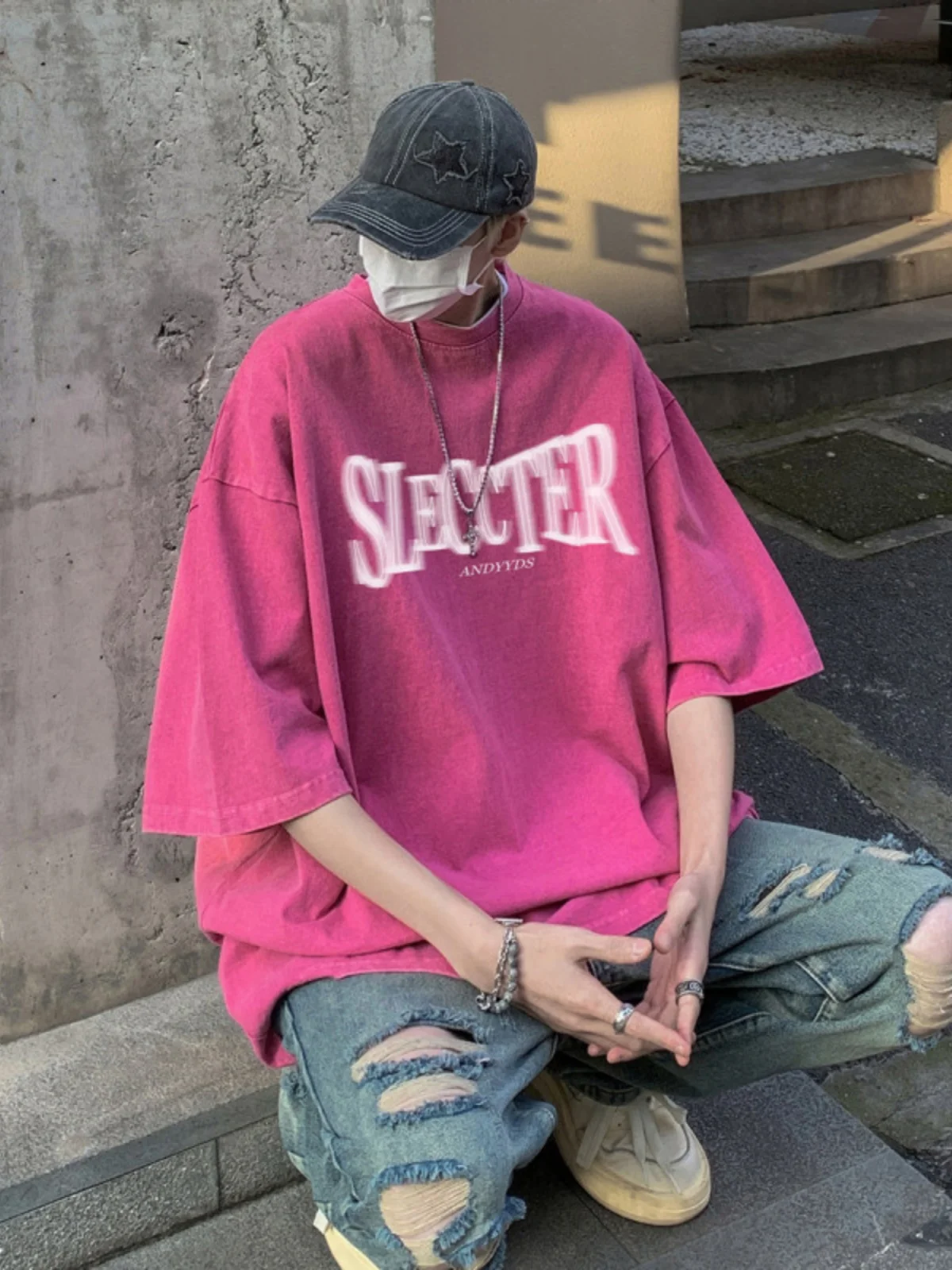 

Ретро-американская розовая футболка для мужчин, модный бренд Haome, уличная одежда, плотность 400 г, с коротким рукавом, в стиле High Street