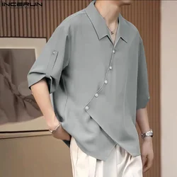 INCERUN Men Korean Fashion Tops Casual Mid Sleeve Solid Shirts Button Trun-Down Collar Streetwear Male Elegant Outfits 2024