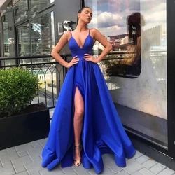 Royal Blue Satin Evening Dress Women Floor Length Suspenders High Split Bridal Formal Long Ball Gowns Trend Pageant Dress