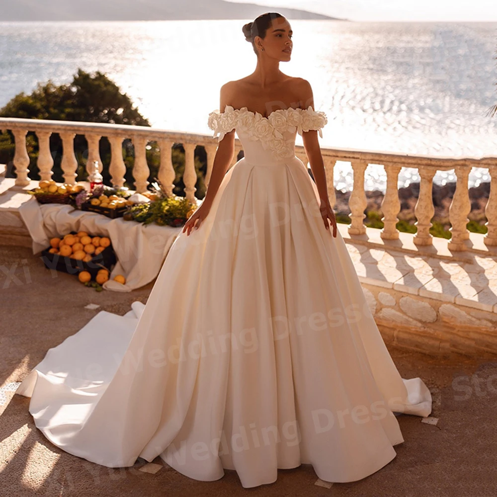 

Elegant A Line Women's Wedding Dresses Off The Shoulder Vestidos De Novias De Boda Bride Gowns Customized 3D Flowers Vestidos