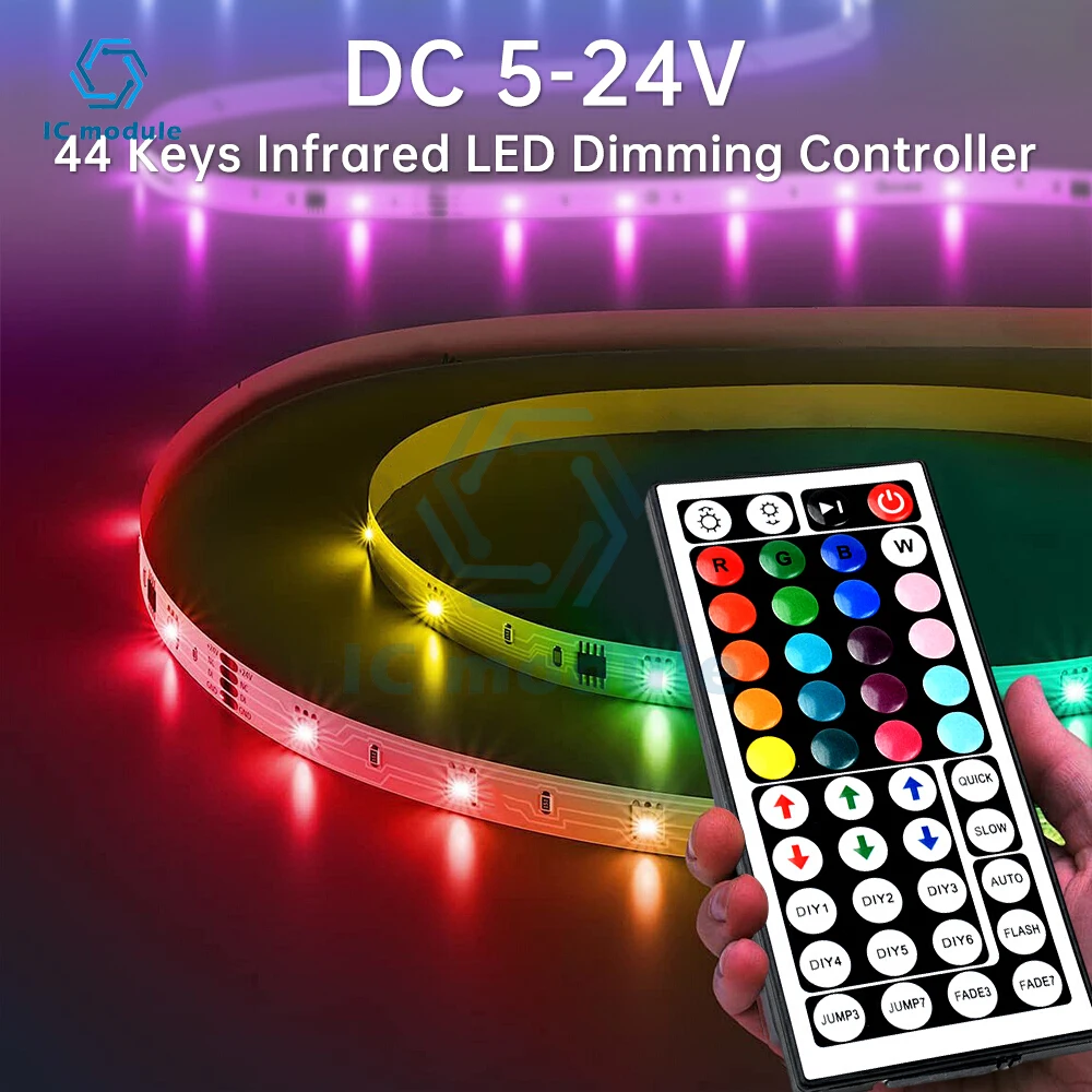 Controller per strisce luminose a LED RGB DC 5-24V 44 tasti Connettore DC/USB Dimmer telecomando IR per strisce LED 12V 24V