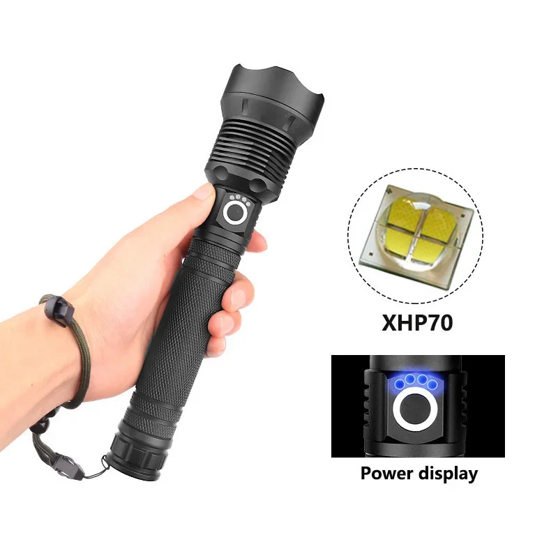 P70 Portable LED Flashlight USB Rechargeable Power Display XHP70 Waterproof Ultra Bright Torch Waterproof Zoomable Light Scuba