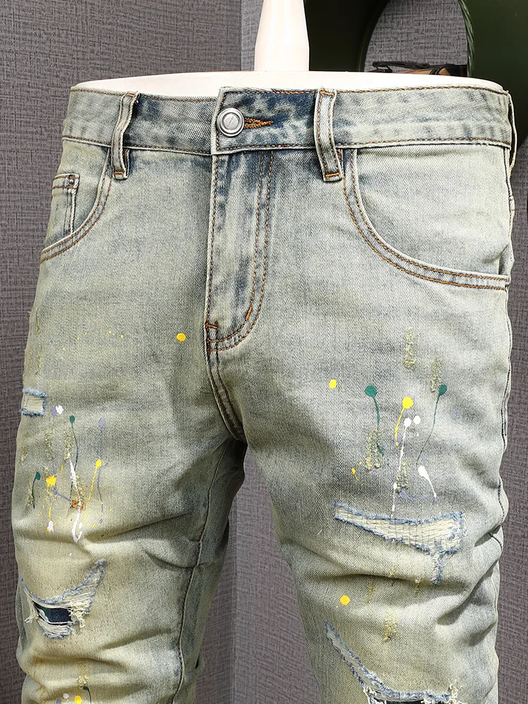 

Винтажные мужские джинсы с девятью точками синего цвета с рваными заплатками, модные крутые эластичные узкие брюки