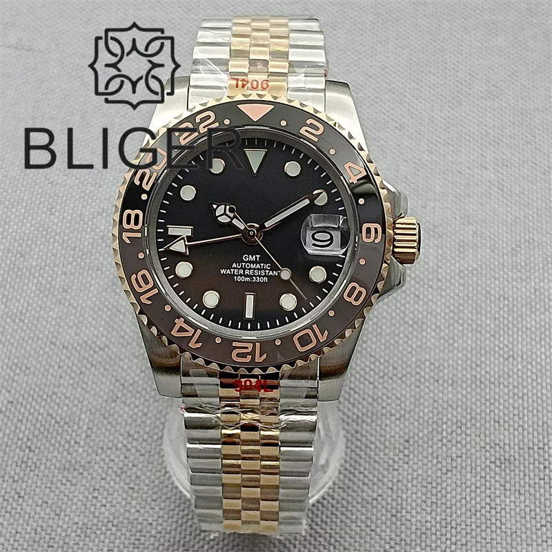 BLIGER 40mm Two-Tone Jubilee Bracelet NH34 GMT Watch For Men Bidirectional Rotation Case Sapphire Glass Ceramic Bezel Black Dial