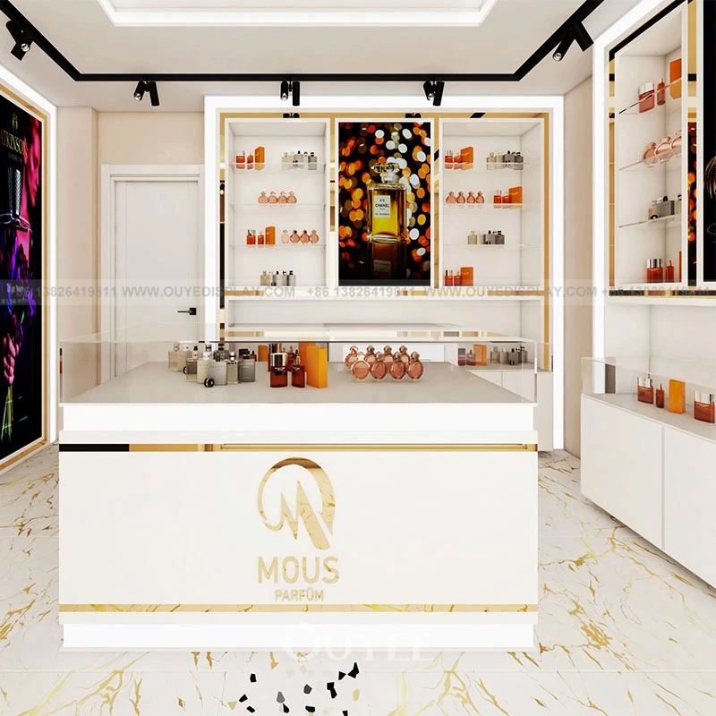 Customized-perfume shop modern design 3D decoration perfume shop furniture glass perfume cabinets white color fragrance wall dis