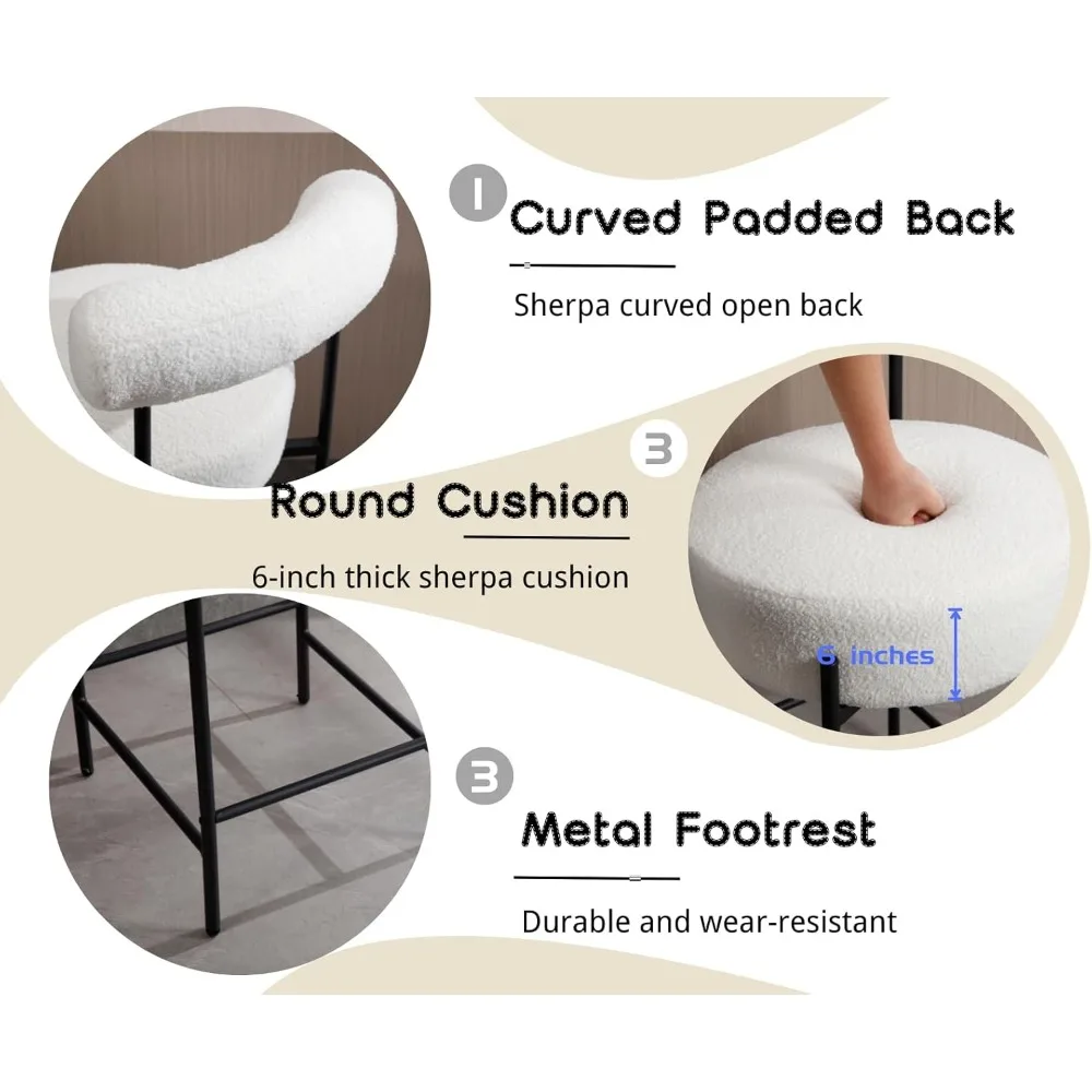 Sherpa Taburetes de bar con altura de mostrador, juego de 2 taburetes de bar tapizados modernos con respaldo abierto curvo/asiento redondo Boucle cómodo